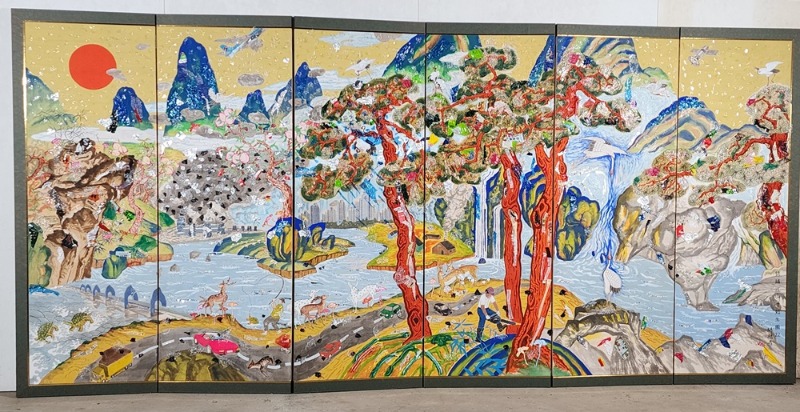 박철우.금수강산십단생도-22.2022.한지에채색,폐비닐콜라주.384x137cm.jpg