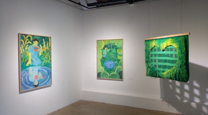 윤연우,숲속에서1,2,2020,종이에과슈,110x80cm,하트문턱,2024,태피스트리,아크릴사,85x109cm.jpg