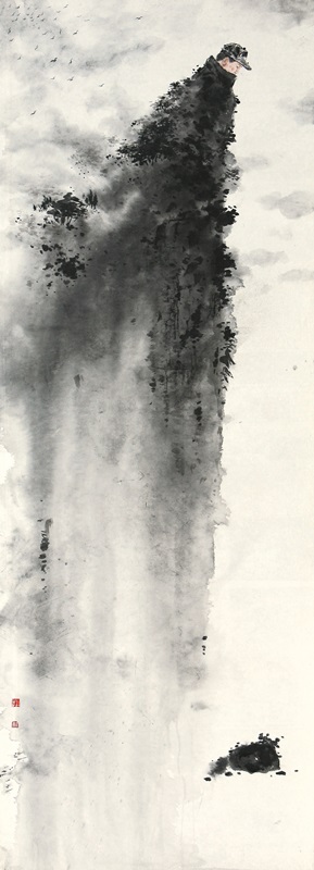 허달용 <산이 된 바보>, 2009, 한지에 수목채색, 207x75cm