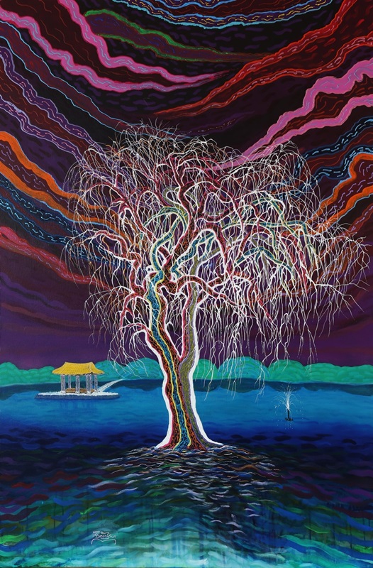 문형선 <Space-Utopia Tree(부여 남궁지)>, 2017, 캔버스에 아크릴릭, gutta pen, 146x97cm