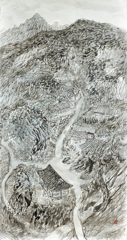 조병연 <영암 반송마을(고향)>, 2021, 한지에 수묵담채, 75×140cm