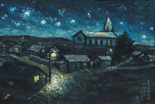 한희원 &lt;별 내리는 신창동&gt;, 1993, 캔버스에 유채, 40.9x60.6cm.