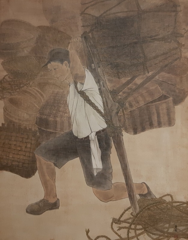 윤애근 &lt;담양아저씨&gt;, 1978, 장지에 채색, 82x100cm