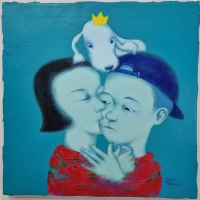 최재영 <New Family>, 2022, 캔버스에 아크릴릭, 혼합재, 50x50cm