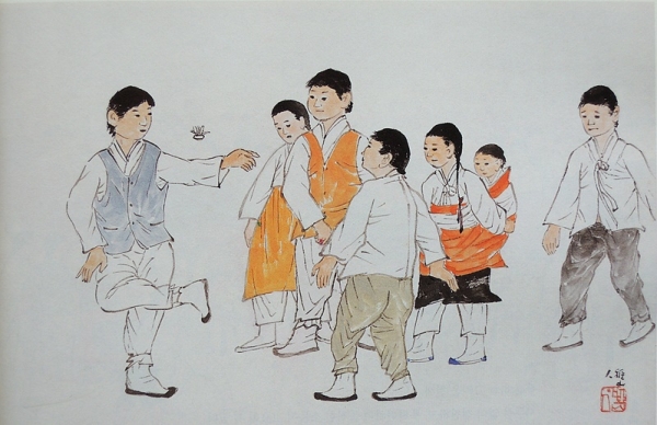 조방원 &lt;재기차기&gt;, 1980~2000년대, 한지에 수묵담채, 57x38cm