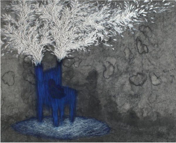 윤세영 &lt;너의 의자&gt;, 2012, 한지에 채색, 지점토, 스크래치, 162x130cm