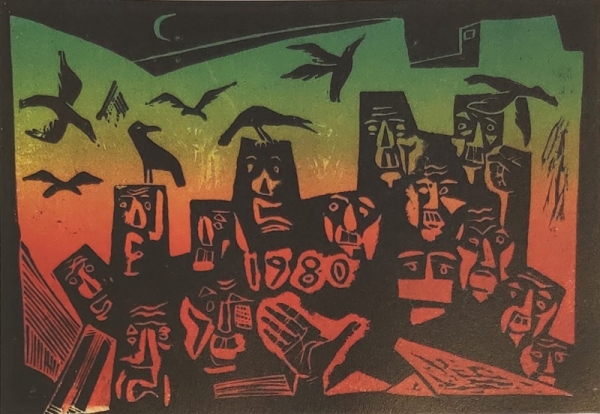 조진호 &lt;오월의 소리 1980 II&gt;, 1980. 리놀륨판화, 35x24cm