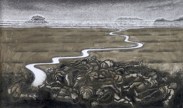 홍성민 &lt;갯벌에 묻히고 바닷물에 잠기다&gt;, 2022, 천에 먹, 혼합재료, 145×225cm