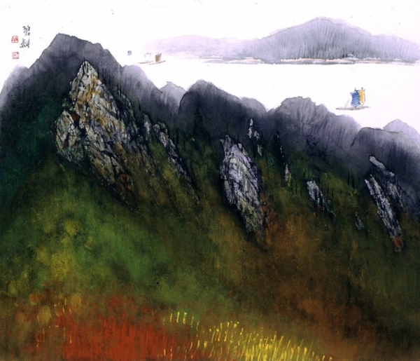 송계일 &lt;산 넘어 강&gt;, 1999, 한지에 먹, 채색